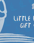 Little Blue Gift Card worth $100 featuring a playful, hand-drawn illustration of an acorn on a vibrant blue background with white handwritten text