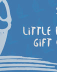 Light blue gift card with "$50" and "LITTLE BLUE GIFT CARD" text in white, featuring a stylized acorn outline on a vibrant blue background