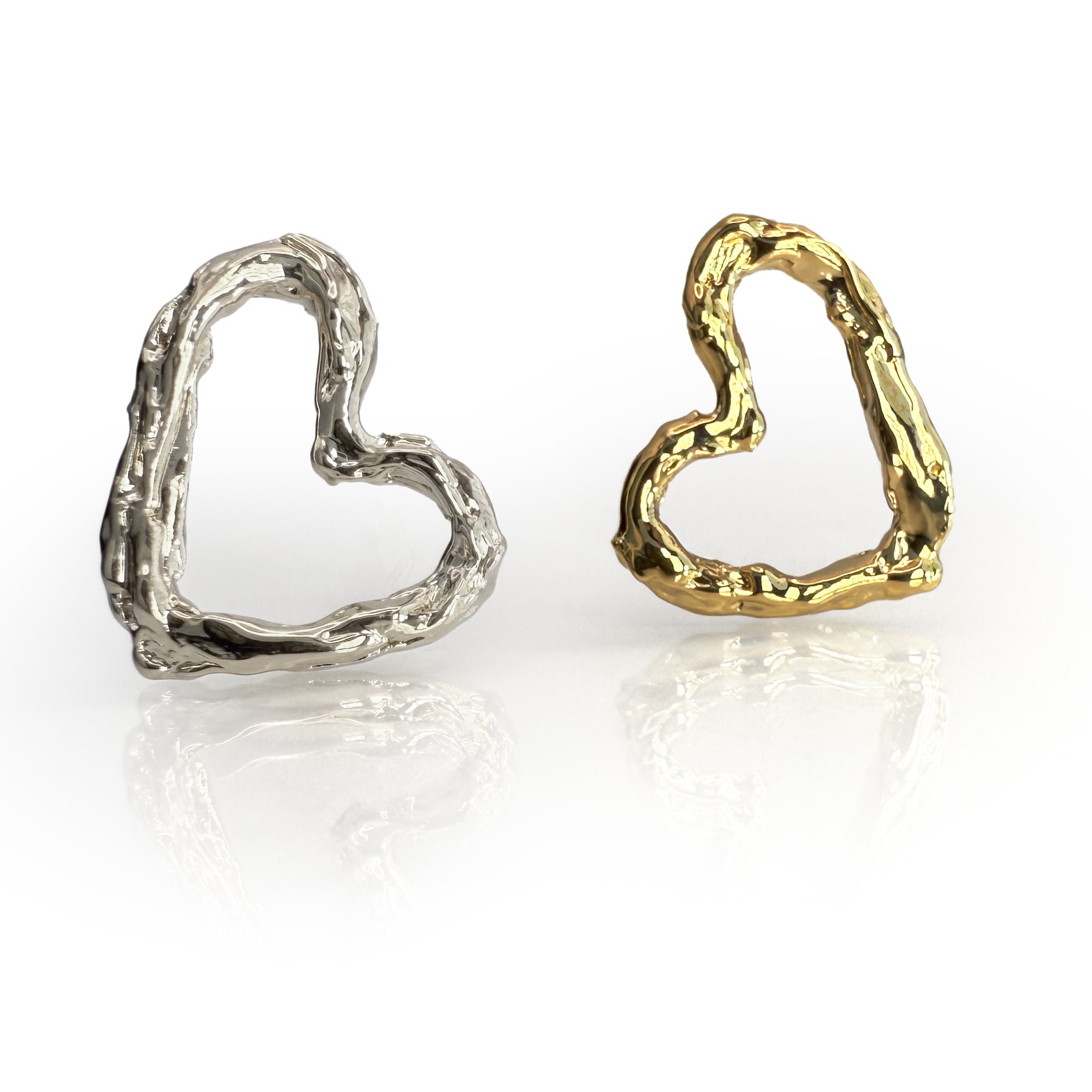 Elegant textured heart earrings in silver and gold, showcasing hand-sculpted designs with a unique, organic texture. The open heart shapes reflect light beautifully, symbolizing eternal love in a stylish, contemporary form perfect for everyday wear or special occasions.